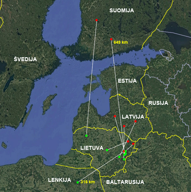 Žieduotų žuvininkų, apie kurių aptikimus Lietuvos paukščių žiedavimo centras pranešimus gavo 2026 m., žiedavimo (raudonos žymės) ir aptikimo vietos (žalios žymos). 